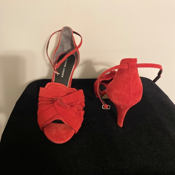 Etienne Aigner Red Ultra Suede Ankle Strap Sandal Heel - Picture 3 of 3